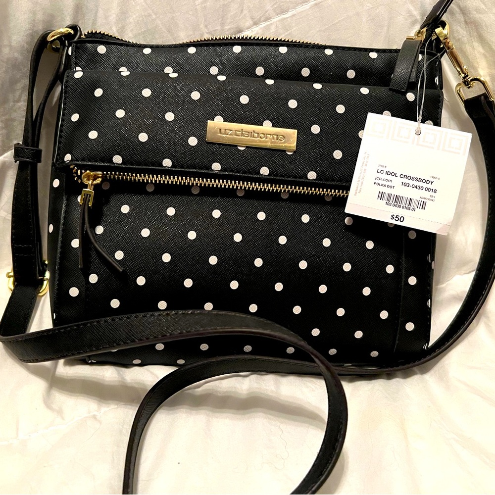 Liz Claiborne , woman’s flap purse , black and white polka dot .
